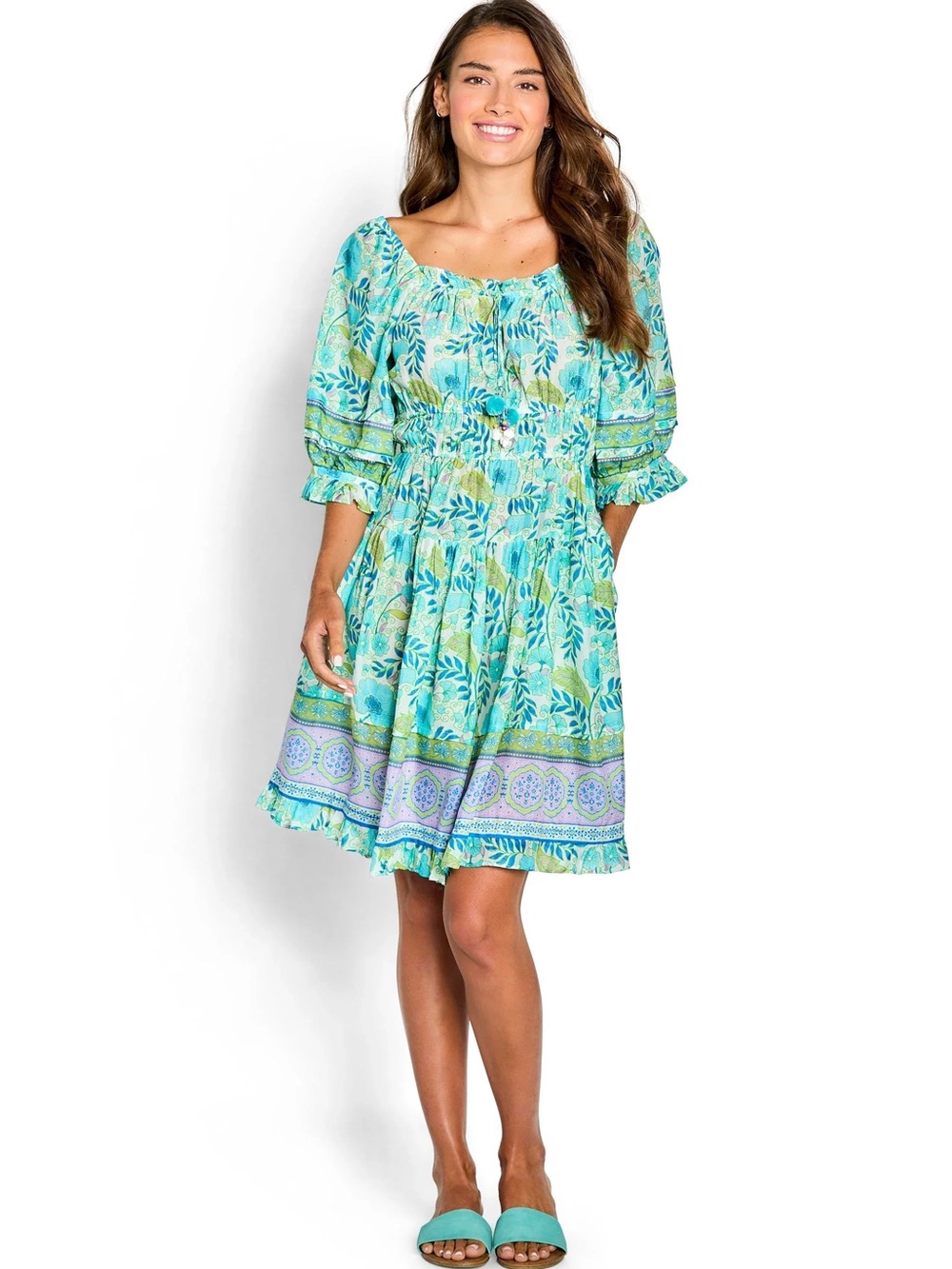 Bella Tu Poppy Shirred Waist Dress-Turquoise Small
